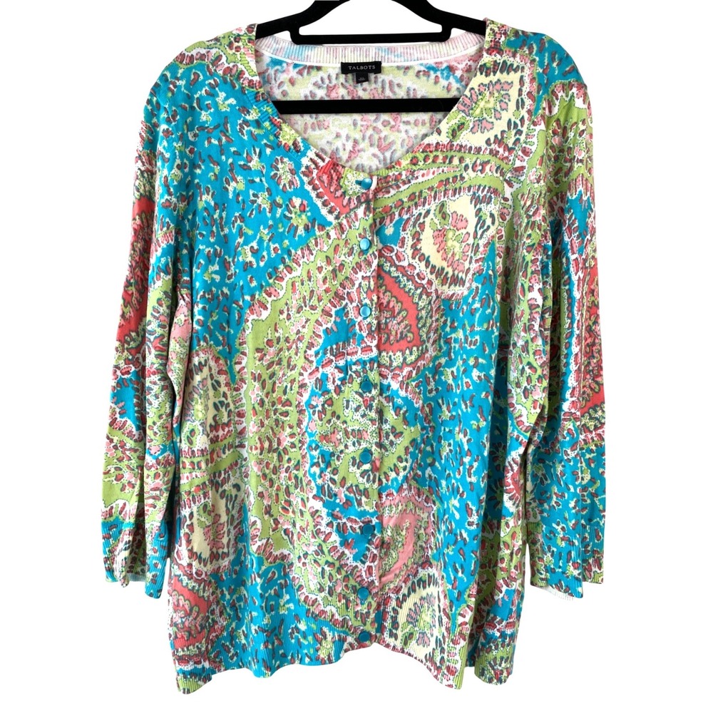 Talbots Womens Cardigan XL Blue Green Paisley Lightweight 3/4 Sleeve Spring